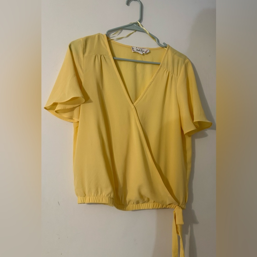 Pink Rose Yellow Flutter Sleeve Wrap Blouse